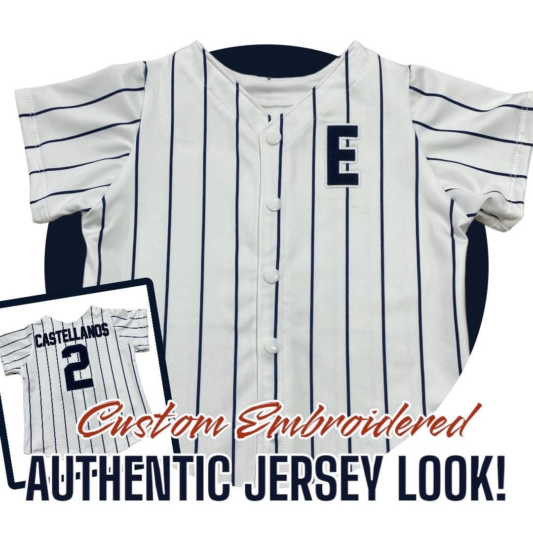 Navy Pinstripe Baseball Outfit - EMBROIDERED Baseball Jersey and pants