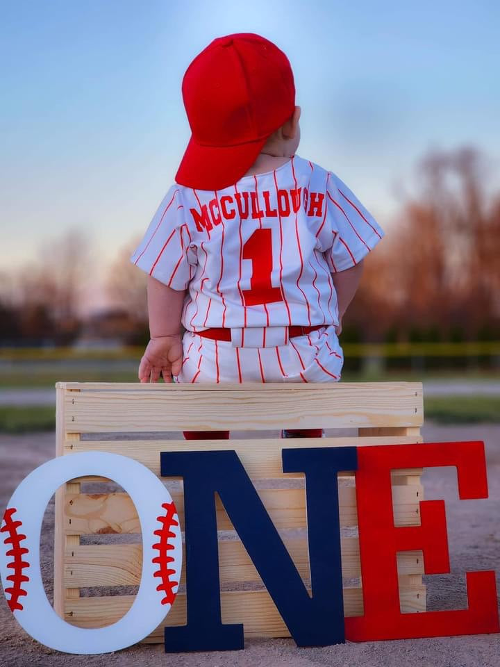 Navy Pinstripe Baseball Outfit - EMBROIDERED Baseball Jersey and pants