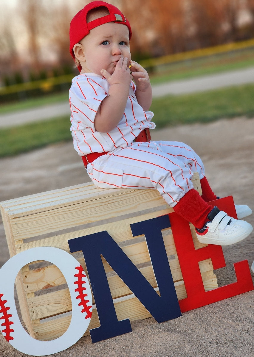 Navy Pinstripe Baseball Outfit - EMBROIDERED Baseball Jersey and pants
